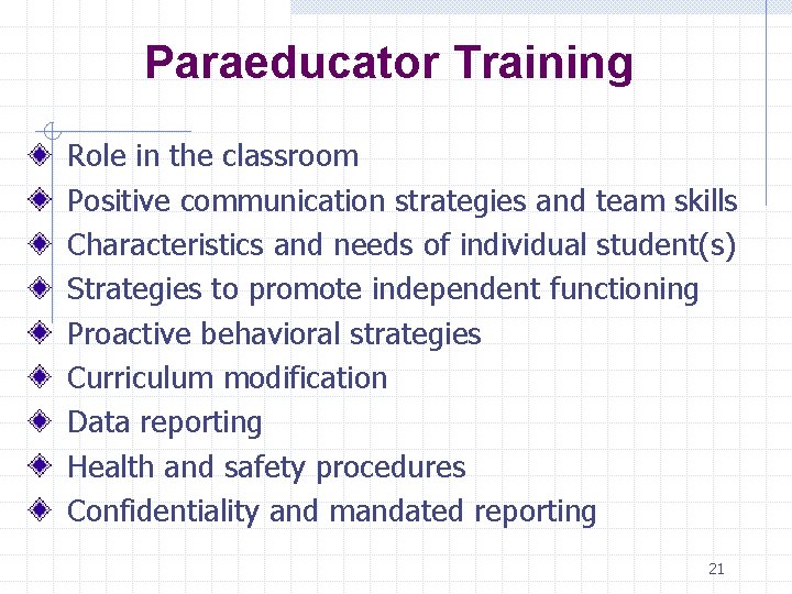 Paraeducator Training Role in the classroom Positive communication strategies and team skills Characteristics and
