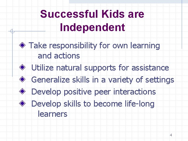 Successful Kids are Independent Take responsibility for own learning and actions Utilize natural supports