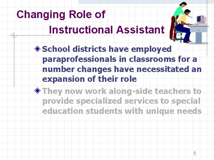 Changing Role of Instructional Assistant School districts have employed paraprofessionals in classrooms for a