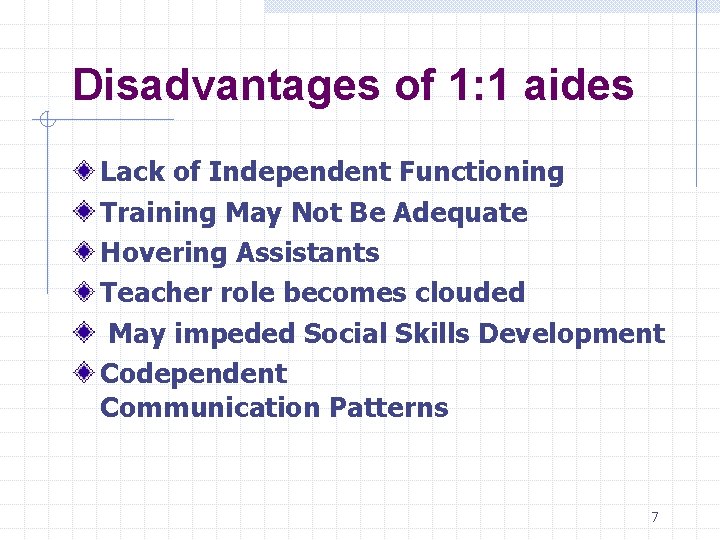 Disadvantages of 1: 1 aides Lack of Independent Functioning Training May Not Be Adequate