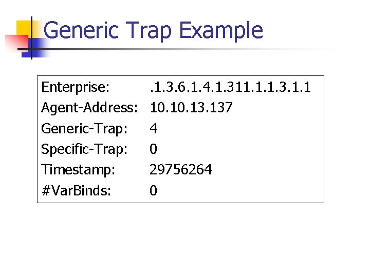 Generic Trap Example Enterprise: Agent-Address: Generic-Trap: Specific-Trap: Timestamp: #Var. Binds: . 1. 3. 6.