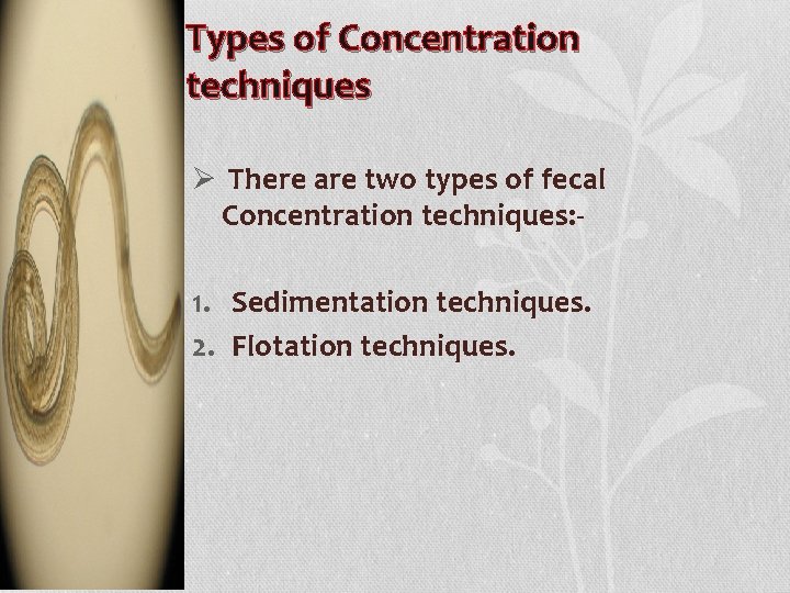 Types of Concentration techniques Ø There are two types of fecal Concentration techniques: 1.