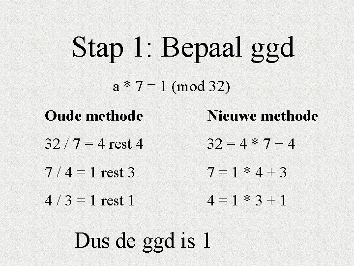 Stap 1: Bepaal ggd a * 7 = 1 (mod 32) Oude methode Nieuwe