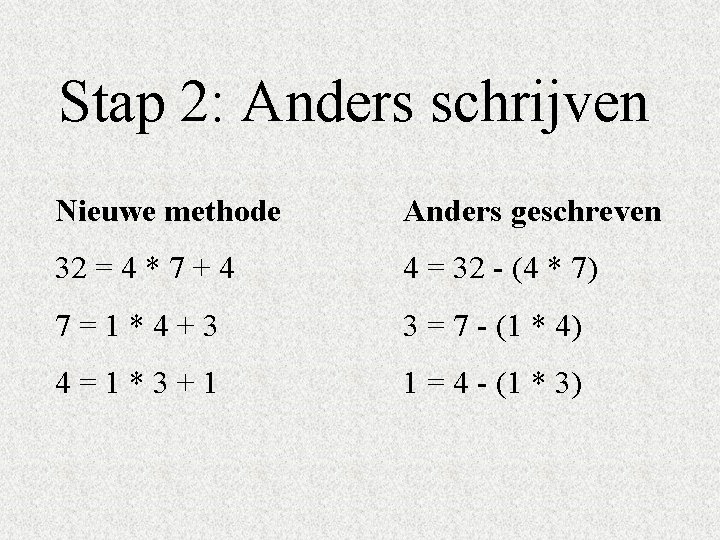 Stap 2: Anders schrijven Nieuwe methode Anders geschreven 32 = 4 * 7 +