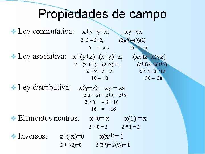 Propiedades de campo v Ley conmutativa: x+y=y+x; xy=yx 2+3 = 3+2; 5 = 5