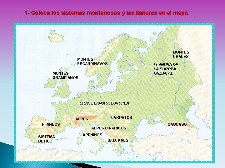 1 - Coloca los sistemas montañosos y las llanuras en el mapa MONTES URALES