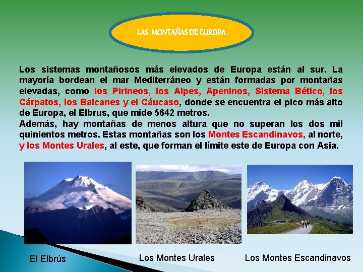 LAS MONTAÑAS DE EUROPA Los sistemas montañosos más elevados de Europa están al sur.