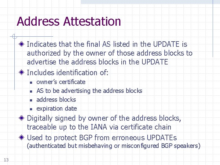 Address Attestation Indicates that the final AS listed in the UPDATE is authorized by