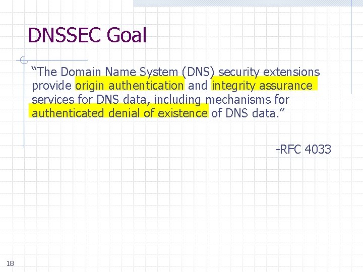 DNSSEC Goal “The Domain Name System (DNS) security extensions provide origin authentication and integrity