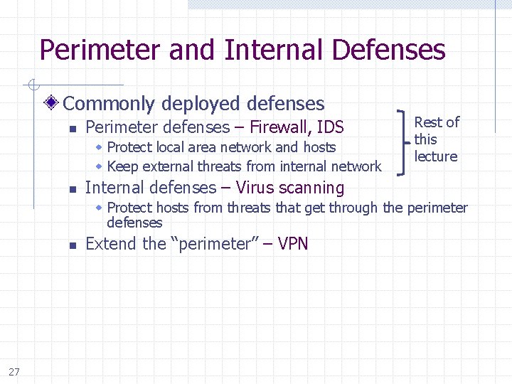 Perimeter and Internal Defenses Commonly deployed defenses n Perimeter defenses – Firewall, IDS Protect