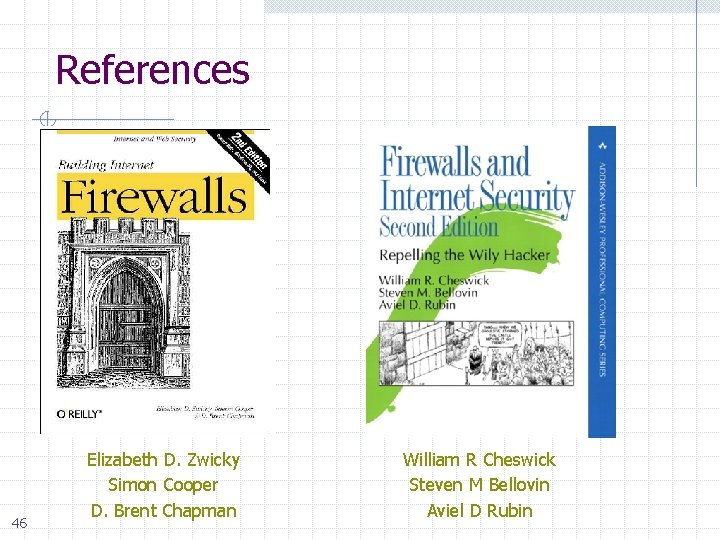 References 46 Elizabeth D. Zwicky Simon Cooper D. Brent Chapman William R Cheswick Steven