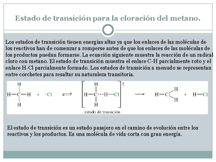 Estado de transición para la cloración del metano. Los estados de transición tienen energías