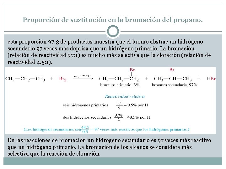 Proporción de sustitución en la bromación del propano. esta proporción 97: 3 de productos