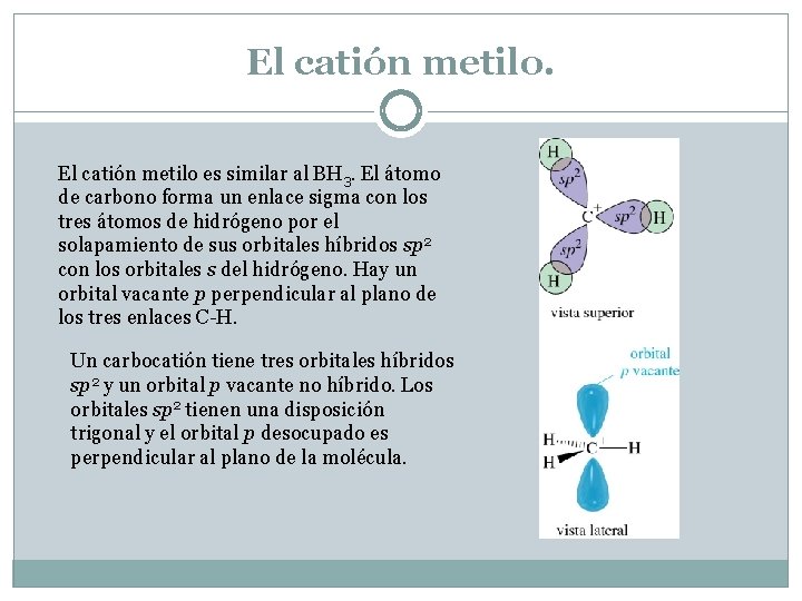 El catión metilo es similar al BH 3. El átomo de carbono forma un