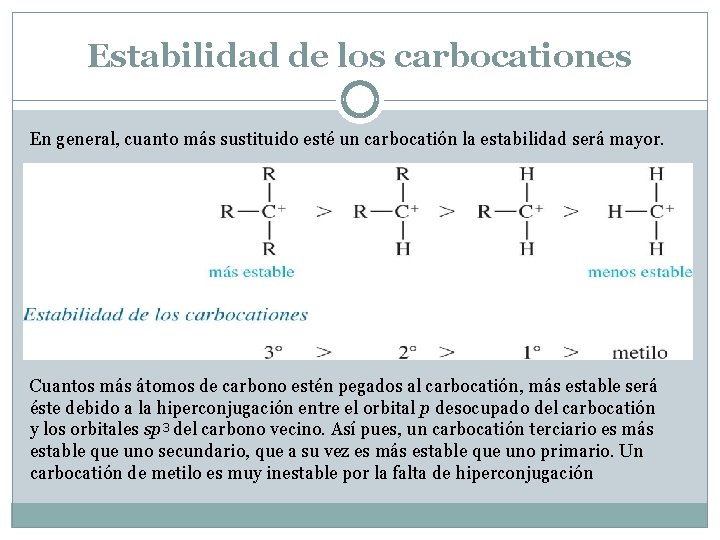 Estabilidad de los carbocationes En general, cuanto más sustituido esté un carbocatión la estabilidad