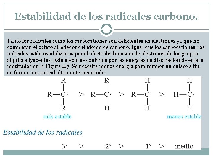 Estabilidad de los radicales carbono. Tanto los radicales como los carbocationes son deficientes en