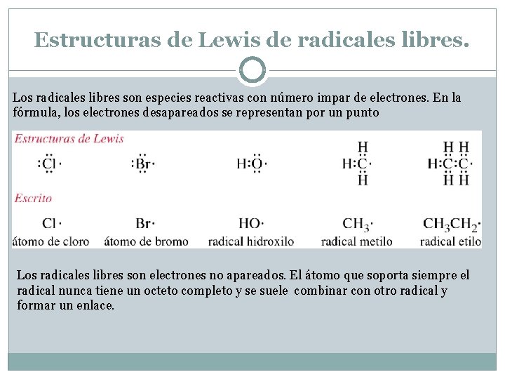 Estructuras de Lewis de radicales libres. Los radicales libres son especies reactivas con número