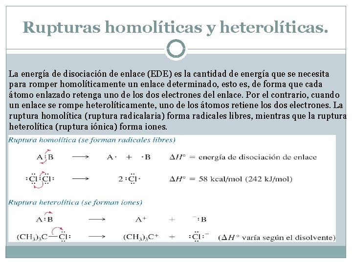 Rupturas homolíticas y heterolíticas. La energía de disociación de enlace (EDE) es la cantidad