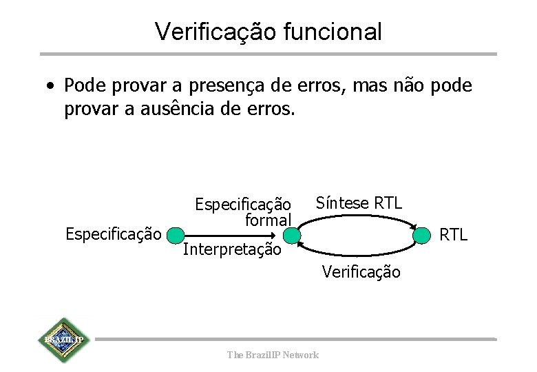 Verificação funcional • Pode provar a presença de erros, mas não pode provar a