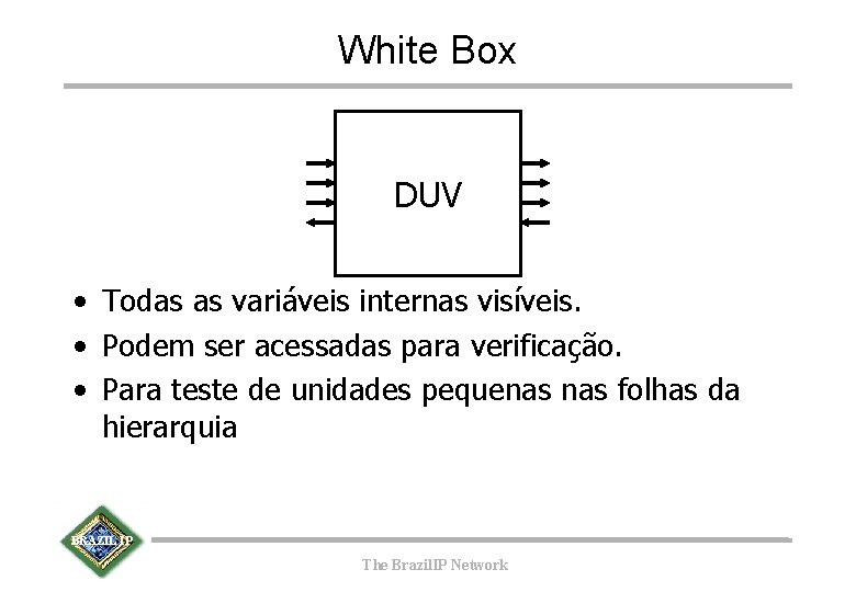 White Box DUV • Todas as variáveis internas visíveis. • Podem ser acessadas para