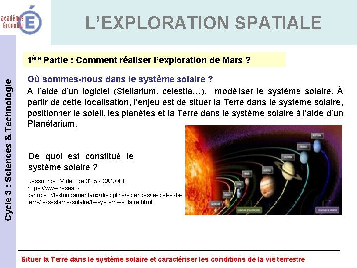 L’EXPLORATION SPATIALE Cycle 3 : Sciences & Technologie 1ère Partie : Comment réaliser l’exploration