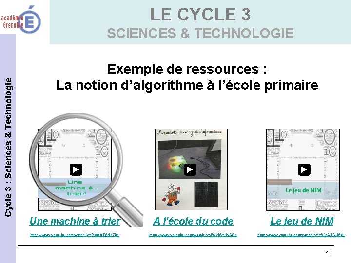 LE CYCLE 3 Cycle 3 : Sciences & Technologie SCIENCES & TECHNOLOGIE Exemple de