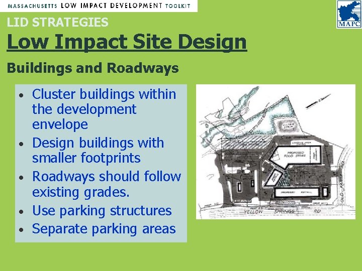 LID STRATEGIES Low Impact Site Design Buildings and Roadways • • • Cluster buildings LID STRATEGIES Low Impact Site Design Buildings and Roadways • • • Cluster buildings
