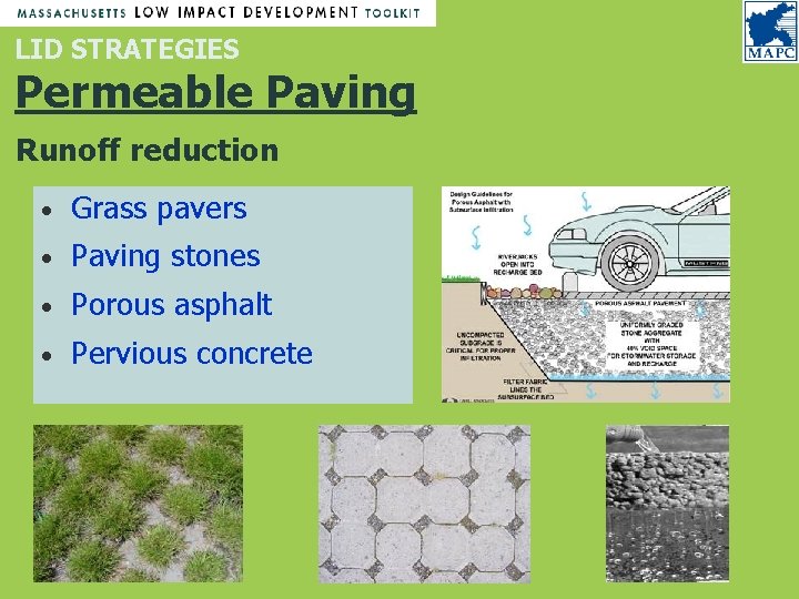 LID STRATEGIES Permeable Paving Runoff reduction • Grass pavers • Paving stones • Porous LID STRATEGIES Permeable Paving Runoff reduction • Grass pavers • Paving stones • Porous