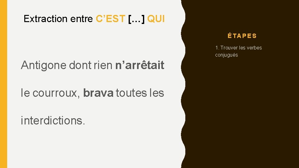 Extraction entre C’EST […] QUI ÉTAPES 1. 1. Trouver les verbes conjugués Antigone dont