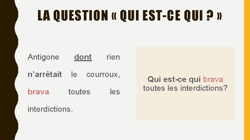 LA QUESTION « QUI EST-CE QUI ? » Antigone dont rien n’arrêtait le courroux,