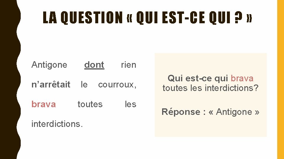 LA QUESTION « QUI EST-CE QUI ? » Antigone dont rien n’arrêtait le courroux,