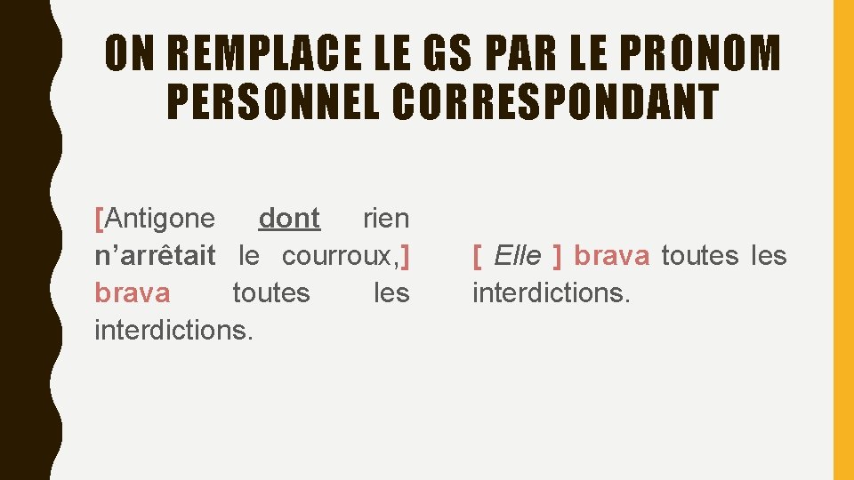 ON REMPLACE LE GS PAR LE PRONOM PERSONNEL CORRESPONDANT [Antigone dont rien n’arrêtait le