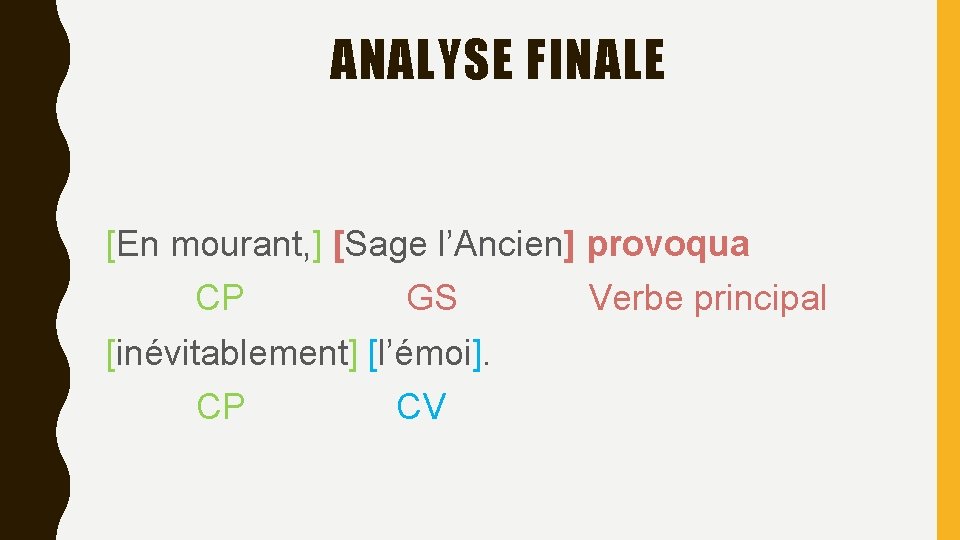 ANALYSE FINALE [En mourant, ] [Sage l’Ancien] provoqua CP GS Verbe principal [inévitablement] [l’émoi].
