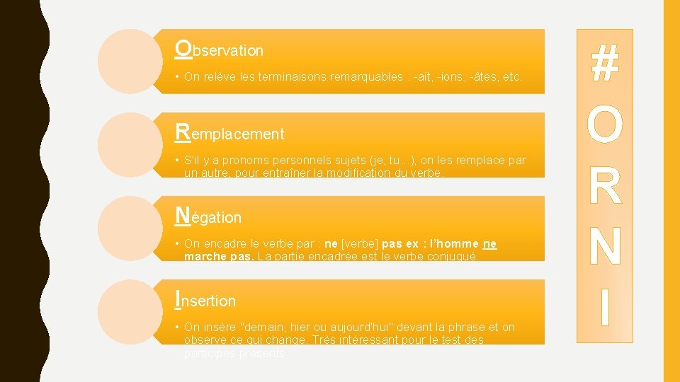 Observation • On relève les terminaisons remarquables : -ait, -ions, -âtes, etc. Remplacement •