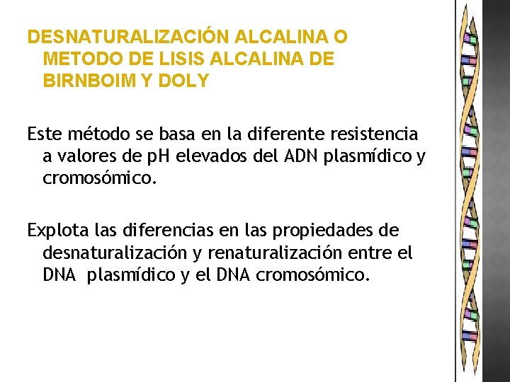 DESNATURALIZACIÓN ALCALINA O METODO DE LISIS ALCALINA DE BIRNBOIM Y DOLY Este método se