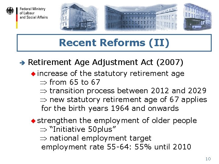 Recent Reforms (II) è Retirement Age Adjustment Act (2007) u increase of the statutory