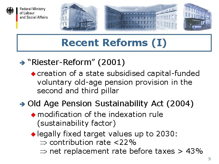 Recent Reforms (I) è “Riester-Reform” (2001) u creation of a state subsidised capital-funded voluntary