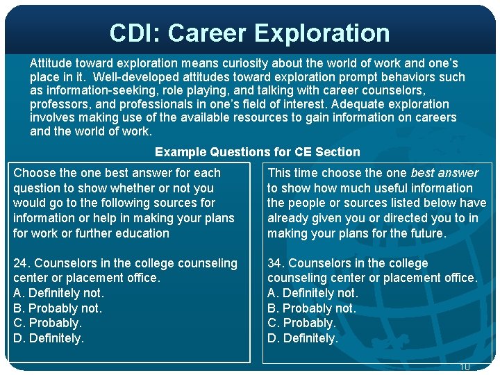 CDI: Career Exploration Attitude toward exploration means curiosity about the world of work and