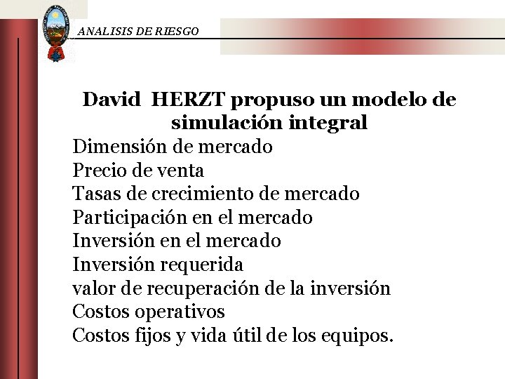 ANALISIS DE RIESGO David HERZT propuso un modelo de simulación integral Dimensión de mercado