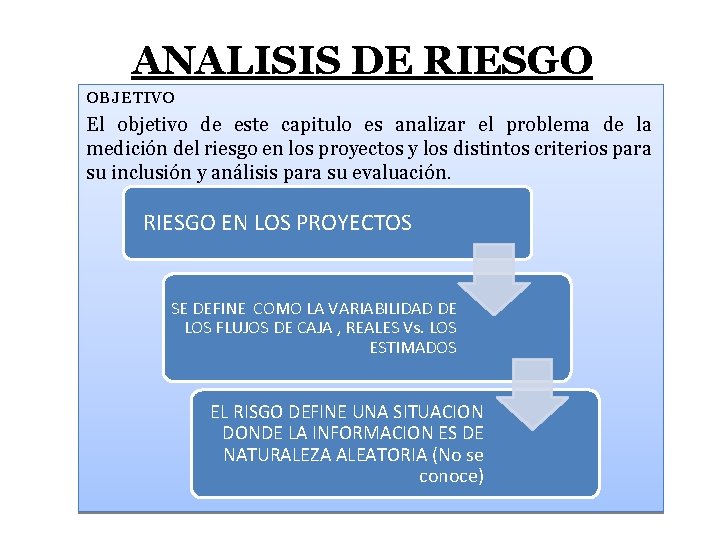 ANALISIS DE RIESGO OBJETIVO El objetivo de este capitulo es analizar el problema de