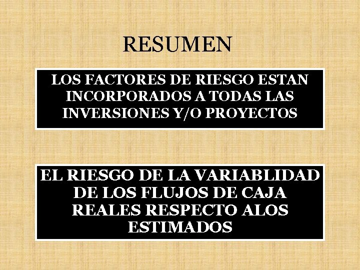 RESUMEN LOS FACTORES DE RIESGO ESTAN INCORPORADOS A TODAS LAS INVERSIONES Y/O PROYECTOS EL