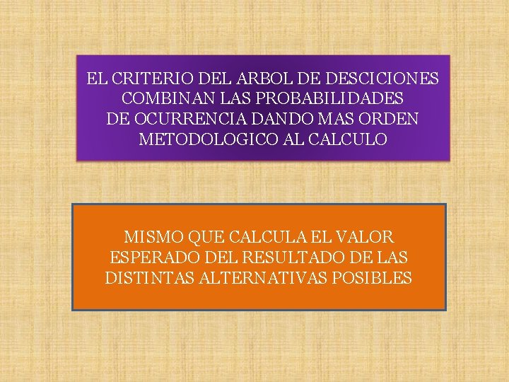 EL CRITERIO DEL ARBOL DE DESCICIONES COMBINAN LAS PROBABILIDADES DE OCURRENCIA DANDO MAS ORDEN