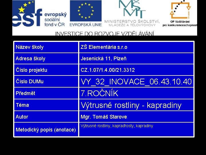 Název školy ZŠ Elementária s. r. o Adresa školy Jesenická 11, Plzeň Číslo projektu