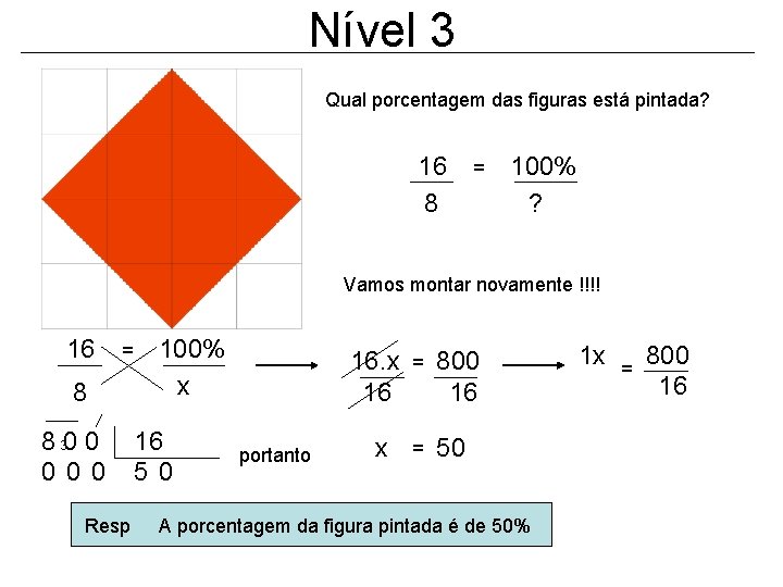 Nível 3 Qual porcentagem das figuras está pintada? 16 8 = 100% ? Vamos