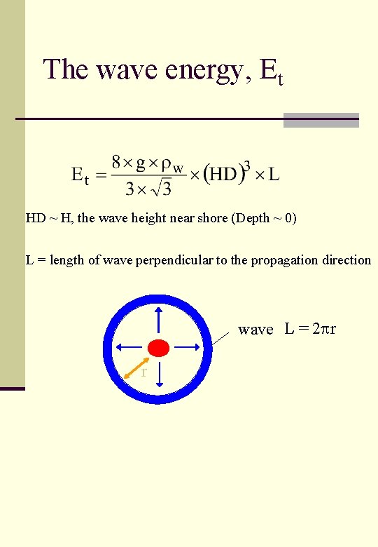 The wave energy, Et HD ~ H, the wave height near shore (Depth ~