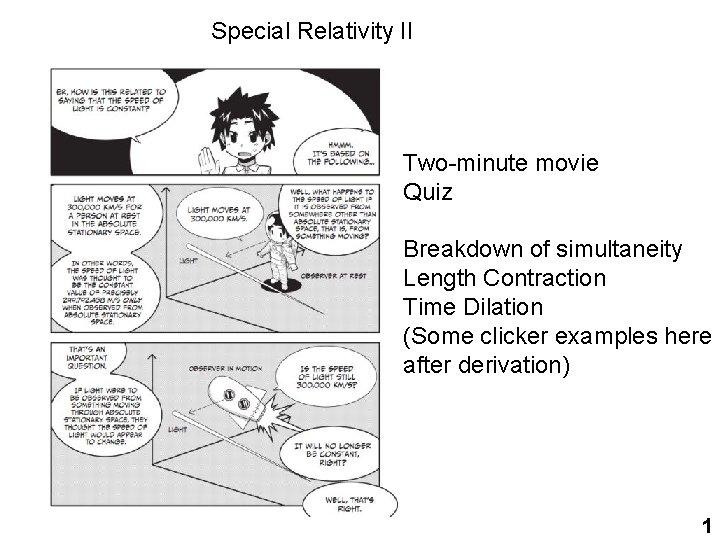 Special Relativity II Two-minute movie Quiz Breakdown of simultaneity Length Contraction Time Dilation (Some