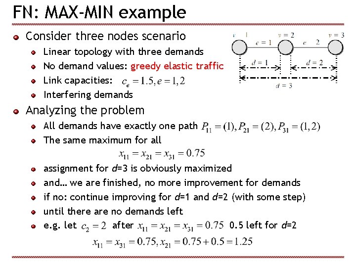 FN: MAX-MIN example Consider three nodes scenario Linear topology with three demands No demand