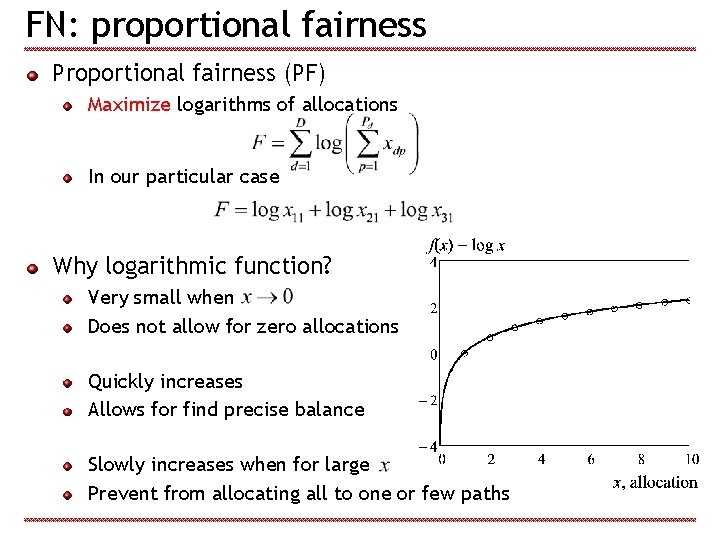 FN: proportional fairness Proportional fairness (PF) Maximize logarithms of allocations In our particular case