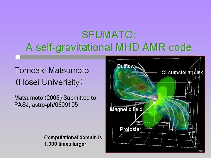 SFUMATO: A self-gravitational MHD AMR code Tomoaki Matsumoto （Hosei Univerisity） Matsumoto (2006) Submitted to