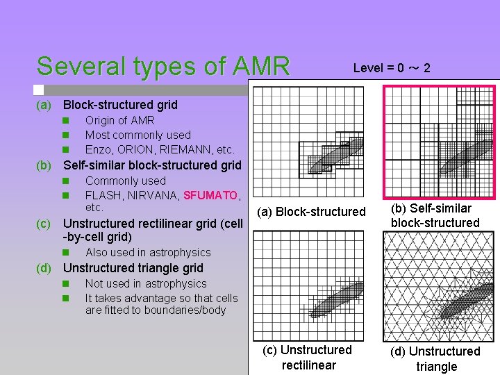 Several types of AMR Level = 0 ～ 2 (a) Block-structured grid n n